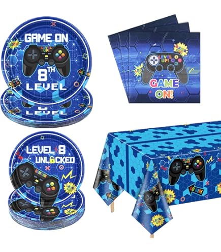 159 stuks videospelfeestdecoraties - De decoraties bevatten spelletjes op borden, servetten, kopjes, banners, ballonnen, lichtgevende stickers