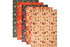 Jinlaili 5 Fogli Carta da Regalo Natalizia 70x50cm, Carta Regalo Natale Vintage, Carta da Imballaggio Kraft, Carta Regalo Natalizia per Bambini, Carta di Natale, Natalizi Regali Decorazioni