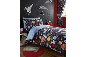Kidz Club Planets Single Bed Duvet cover and Pillowcase Bed Set Bedding,2 pcs for Boy's Sun Mars and Moon, Dark Blue