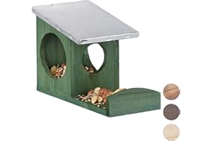 Relaxdays Eichhörnchen Futterhaus, Kobel aus Holz, wetterfestes Metall Dach, zum Aufhängen, Garten Futterstation, grün, Dunkelgrün