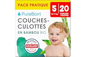 PureBorn 20 Couches Culottes Taille 5 (12-17 kg), Ultra-Absorbantes, Hypoallergéniques, Couches Culottes douces pour Bébé, Testées Dermatologiquement, Anti-fuites en Bambou Naturel