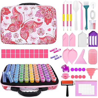 YUTUY Boîte d'accessoires de peinture diamant, boîte de rangement pour peinture diamant, 70 compartiments, kit de peinture cristal DIY avec valise, entonnoir, pince, entonnoir, autocollants, pour