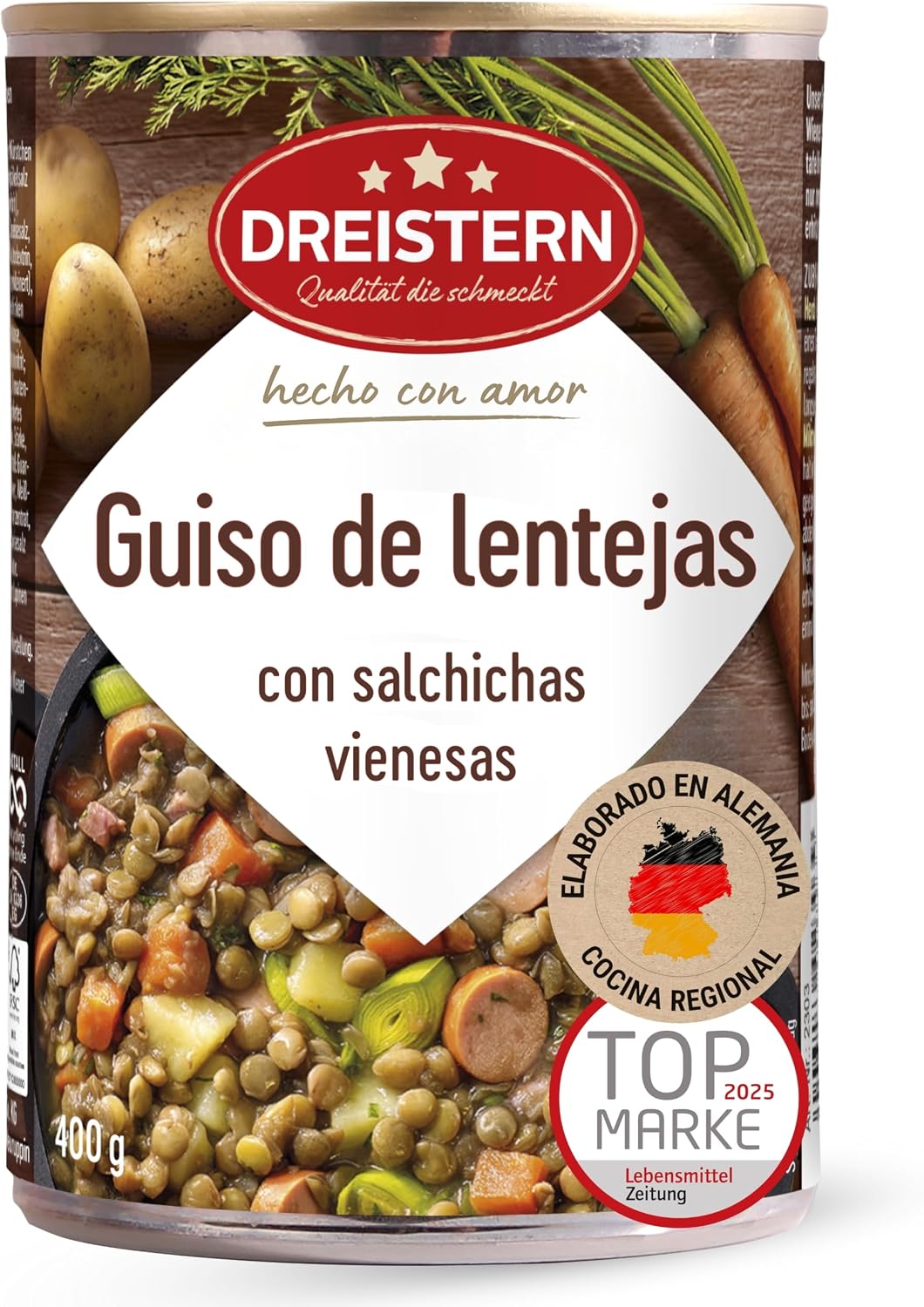 DREISTERN Guiso de lentejas 400 g I Con salchichas vienesas & verduras I Estofado sabroso en lata reciclable I Larga duración gracias a la conservación natural I Calidad casera