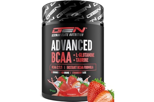 Advanced BCAA en Poudre 450 g - Acides Aminés 2:1:1 avec L-Glutamine & Taurine - BCAA Instantanés, Excellente Solubilité et Saveur - Végétalien - 30 Portions (Strawberry)