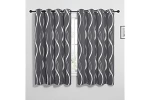 PONY DANCE Blackout Curtains, Grey, W52 x L54 Inch, Silver Wave Line Foil Printed, Thermal Insulated, Eyelet, for Baby Nursery, Bedroom, Living Room, 2 Panels