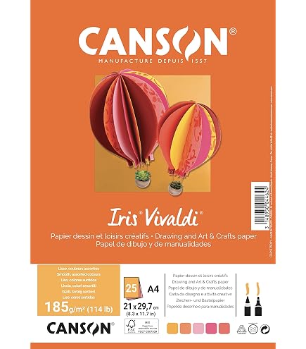 Papier Couleur Canson Iris Vivaldi A3 - 25 Feuilles 185g/m², Assortiment Jaune/rose/rouge