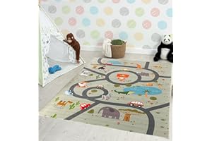 the carpet Happy Life Tapis de Jeu, pour la Chambre d’Enfants, Motifs : Rue, Route, Jungle, Animaux et Voitures, Vert-2, 120 x 160 cm