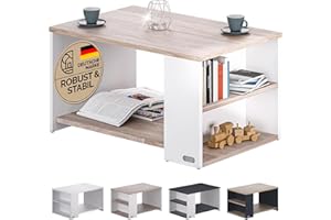 ‎CASARIA Casaria® Coffee Table Wood White Oak with Storage Space 2 Compartments Living Room Table 90 x 60 x 50 cm Scratch-Resistant 50 kg Load Capacity Square Shelf Side Table Sofa Couch
