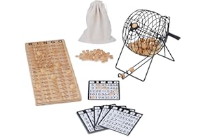 Relaxdays Bingo Spiel, Lostrommel, 75 Kugeln, 18 Karten, 150 Chips, Spielbrett, Kinder, Erwachsene, Holz, Natur/schwarz