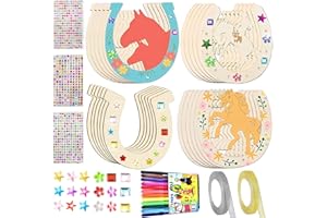 Leonshco Lot de 24 fers à cheval pour anniversaire d'enfant en bois, chevaux en bois, disques en bois en fer à cheval en forme de fer à cheval, 3 autocollants à paillettes, 2 rubans pailletés
