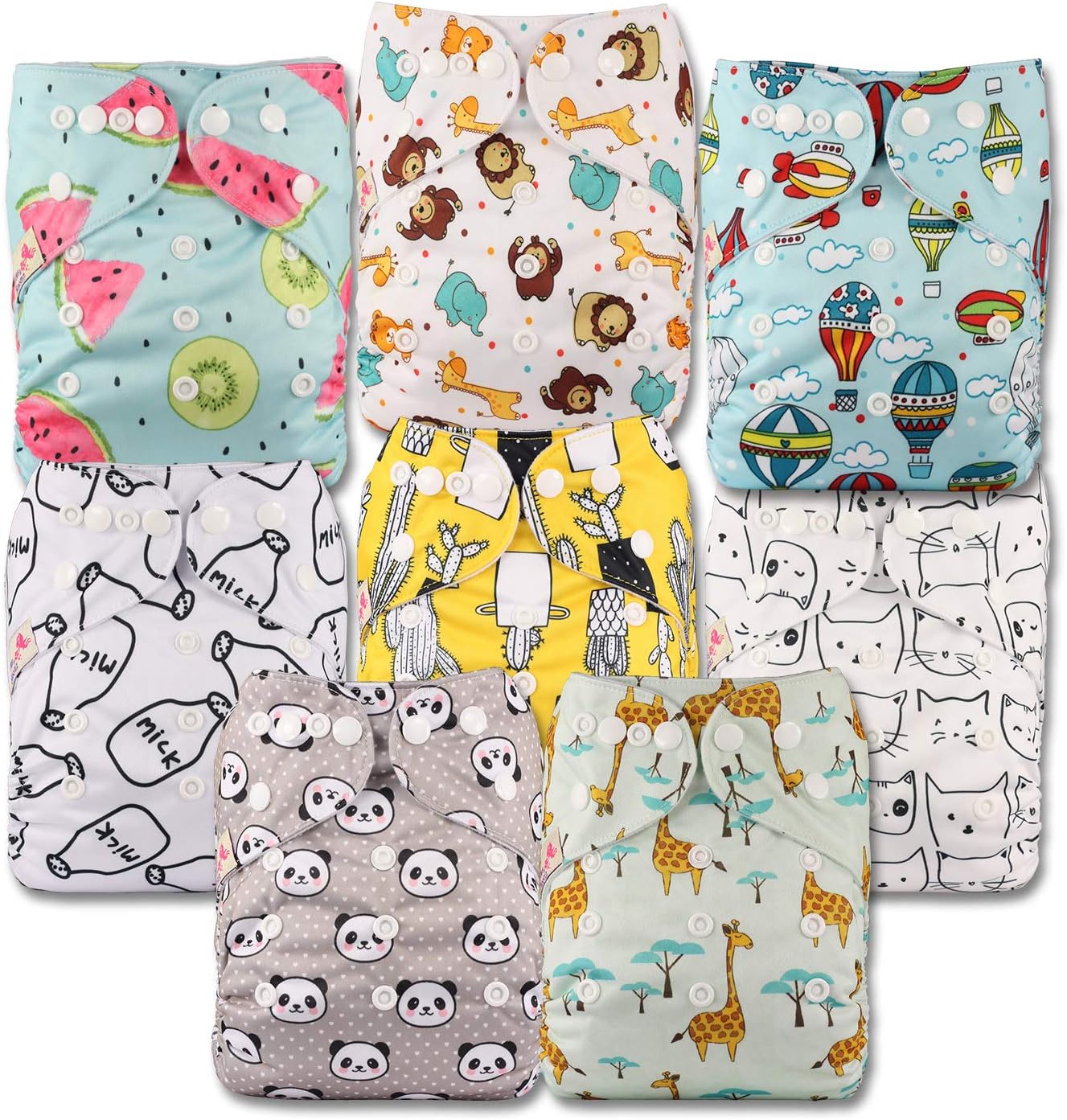 Littles & Bloomz, Reusable Pocket Cloth Nappy, Fastener: Popper, Set of 8, Patterns 802, Without Insert