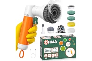 OHMA Brosse de Nettoyage électrique pour la Salle de Bain et Les Joints – Spin Scrubber avec 6 têtes pour Nettoyer Toute la Maison, du Sol au Plafond – Mode intensif 2 Vitesses – Étanche et Rechargeable