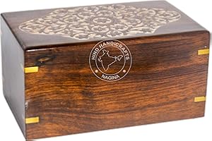 HIND HANDICRAFTS Beautifully Handmade & Handcrafted Rosewood Floral Engraving Wooden Cremation Box/Urns for Human Ashes Adult, Funeral Urn Box (9" x 5.5" x 4.5" - 180lbs or 72kg, Whitewashed-1)