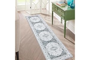 Carvapet Alfombras de Pasillo 60x300cm Alfombra Corredor Antideslizante Largo Alfombras de área Fina Lavable Medallón Flor Alfombra para el Salón Dormitorio(Gris)