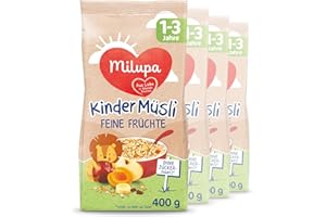 ‎MILUPA Milupa Kindermüsli Feine Früchte – Getreide Frühstück Müsli von 1 bis 3 Jahre, Ohne Zuckerzusatz, Babynahrung, 4 x 400g