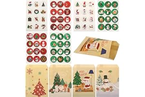 Kesote 60 Pcs Pochette Cadeau Noel, Sac Cadeau Noel, Sachet Kraft Noël + 72 Autocollant Noel pour Cadeau de Noël Bonbons Biscuits Pains, 18 x 13 cm
