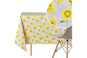 KP HOME PVC Wipe Clean Table Cloth Rectangular 200x140 cm / 78x55 In - Wipeable Tablecloth up to 6 Seats - Waterproof Plastic Kitchen Vinyl Oilcloth, Grey with Sunny Yellow Sunflower Pattern