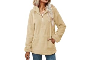 iWoo Bluza damska z kapturem Teddy Fleece Hoodie 1/4 zamek błyskawiczny luźny puszysty sznurek bluzy z długim rękawem jednokolorowy sweter z kieszeniami