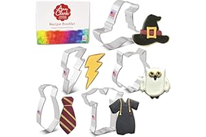 Ann Clark Cookie Cutters Juego de 5 cortadores de galletas brujería/magia con libro de recetas, búho, rayo, sombrero de bruja, túnica y pañuelo