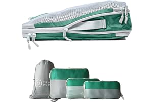 TRAVEL DUDE Zestaw toreb do pakowania z kompresją z butelek plastikowych pochodzących z recyklingu | zestaw torebek do pakowania do plecaka i walizek | Zielony, 4-częściowy