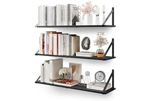 CASSA HOME DECOR CASSA ZENO Étagères murales suspendues pour Le Mur, Lot de 3, 80 cm x 20 cm Étagère Bibliothèque pour Chambre à Coucher Salon Bureau Salle de Bain Cuisine Bois Rustique avec Support métallique (Noir)