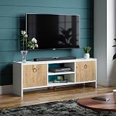 interGO-Tv Sehpası Kapaklı Raflı Tv &Uuml;nitesi Televizyon Sehpası (Beyaz, Atlantik &Ccedil;am)