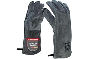 ‎FOOD & BEST FRIENDS EST 1919 Premium-Grillhandschuhe aus echtem Qualitätsleder | Anthrazit | DIN EN 388 & DIN EN 407 Zertifiziert | sehr hitzebeständig | sehr hochwertig verarbeitet | BBQ Handschuhe für Grill, Backofen, Kamin