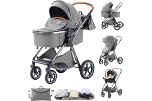 BEBBY Kinderwagen 3 in 1,Kinderwagen Buggy Mit Babyschale,Mit Höhenverstellbarer buggy Komplettset Faltbare tragbare,Buggys Mit Aluminiumrahmen für Neugeborene 0 bis 3 Jahre (Deepgrey-6, H2)