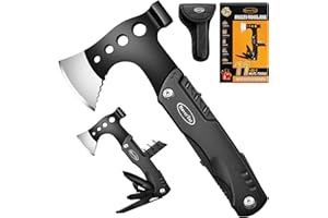 RoverTac Wielo-narzędziowy toporek kempingowy 11 w 1 Wielo-narzędziowy sprzęt kempingowy Narzędzie survivalowe z toporem Nóż Młotek Piła Otwieracz do puszek Śrubokręty Prezenty dla mężczyzn