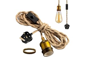 CRZPCHAS Hemp Rope Pendant Light,16.7 Ft Vintage Hanging Light with Plug in Cord, Rustic Plug in Ceiling Light Fixture, Adjustable Industrial Brass Suspended Pendant Light Fitting,E27 Lamp Holder,for Kitchen