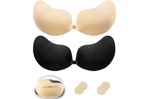 Kemowi 2 Pair Stick On Push Up Bra for Women - Breathable & Skin Friendly Sticky Invisible Adhesive Bra, Reusable Strapless & Backless Bra for Everyday Wearing with 2 Pack Nipplecovers