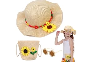 BTHRORO Sombrero de Paja para Niña y Bolso de Verano Set, con Gafas de Sol Pulsera Collar Anillo, Gorra Niña con Decoracion de Flores, Sombrero ala Ancha para el Sol Rosa Chica Bolso Playa