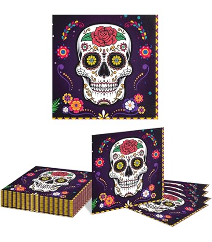 Serviettes En Papier Día De Los Muertos - Lot De 16 | Déco Halloween, Fête Thème Mexicain, Motifs Colorés