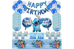 Forhome Lot de 77 décorations d'anniversaire pour Enfants Lilo Stitch Lilo Stitch - Accessoires de fête d'anniversaire - Assiettes, gobelets, Serviettes, nappes, fanions pour 10 invités