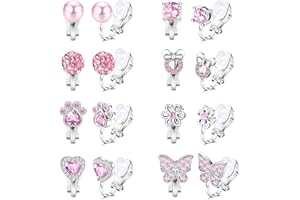 CASSIECA 8 Paia Orecchini a Clip per Bambina Ragazze - Set CZ Cuore, Fiore Multicolore, Farfalla - Anallergici Non Piercing Senza Piercing - Gioielli Bambini Stile Rosa