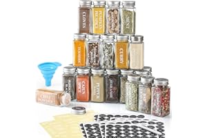 AOZITA AO-001-UK Szklane słoiczki/butelki na przyprawy, 113 ml, puste kwadratowe pojemniki na przyprawy z etykietami na przyprawy, pokrywki shakera i hermetyczne metalowe nakrętki, silikonowy składany