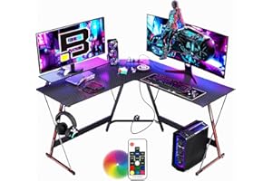 BEXEVUE Escritorio de Esquina Gaming LED Regleta Enchufes – 128x128 cm Mesa Gamer en Forma de L con LED, Soporte de Pantalla Informática, Gancho Auriculares para Estudiar Jugar Trabajar Dormitorio