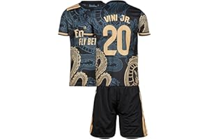 Tayveird Madrid, Ronaldo, Vini Jr, Arda Guler, Maillot Enfant Dragon Football Bleu foncé, Conception spéciale, Football, édition limitée, livré avec Un Short. (Tailles Enfants 4-13 Ans)