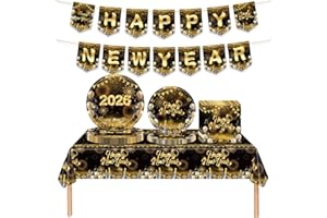 AXERHK New Year Party Tableware, 42Pcs Black Gold Tableware Set,Disposable Plates, Napkins, Table Cloth and Banner, New Years Eve Table Decorations Suitable for New Years Eve Party