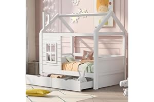 KecDuey Lettino per bambini 160 x 80 cm, anti-caduta, versatile in legno, per ragazzi, in legno massello con protezione e rete a doghe, bianco