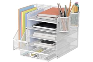 ANYVOYAGE 5 Tier Grid Desktop Organiser with Drawer - Multi-functional office school supplies organiser for files, brushes, magazines, paper, space saving (white)