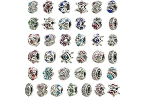 TOAOB THE ONE AND ONLY BABY TOAOB 30 pezzi Perline Europee Ciondoli Colorate Foro Grandi Tibetano Antico Argento Strass Metallo Distanziatore Bead per Creazione di Gioielli Collana Braccialettoi Orecchini