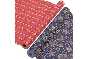 AhfuLife 2 Rouleau Kraft Papier Cadeau Noël, 43cm×15m Recyclable Papier Emballage Cadeaux Noel avec Motifs Fins pour Enfant Emballage des Cadeaux, Décor de Noël (B : Reindeer/Flocon de Neige Bleu)