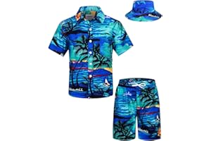 TUNEVUSE Kleine und große Jungen hawaiianisches Hemd und kurzes Set, Sommer Bedruckte Kinder Cabina Set mit Hüten