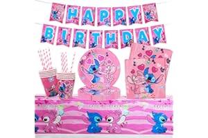 YISSCEN Lilo Stitch Stoviglie per Feste Compleanno,Decorazioni per la Tavola di Compleanno per Bambini,Stitch Set di Stoviglie per Feste,Piatto Tazza Tovagliolo Tovaglia di Paglia Striscione Buon Compleanno