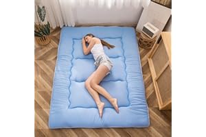 MAXYOYO Japanese Floor Futon Mattress, Thicken Tatami Sleeping Pad Foldable Roll Up Dormitory Mat Pad Floor Lounger Pillow Bed (Dusty-Blue, Double)