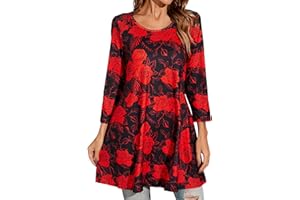 Enmain Womens Tunic Top 3/4 Long Sleeve Tunics for Women UK Plus Size Round Neck Longline Tops for Leggings Ladies Swing T Shirt Casual Loose Stretch Comfortable Blouses Shirts S-5XL