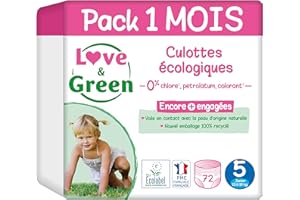 Love & Green - Couches Culottes Saines et Ecologiques Taille 5 (12 à 18 kg) Pack 1 Mois (72 culottes) - Absorbante, anti-fuites et sans ingrédients indésirables
