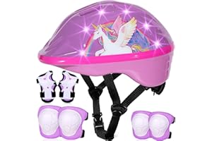 EllaSeek Kids Helmet and Pads Set Age 3-5-8, Girls Bike Helmet with LED Lights, Adjustable Knee Pads and Elbow Pads Toddler Protective Gear Set for Children Cycle, Skateboard Scooter, Roller Skates