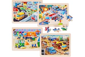 PLUNACK Puzzle in Legno per Bambini partire 3 4 5 6 Anni, 4 Puzzle X24 pezzi Veicoli da Costruzione, Bambini Giocattolo Educativo Prescolare, Montessori Puzzle Regalo per Ragazzi e Ragazze